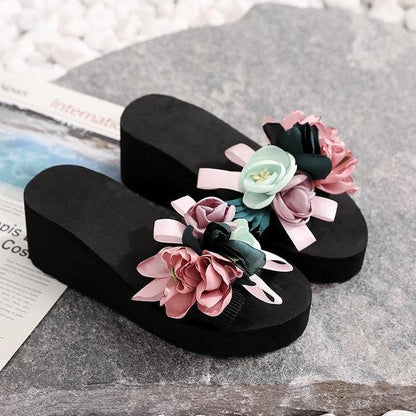 Stevvex women bow platform sandals with multi-color flower embellishments on black soles on Tampa Home & Garden Store