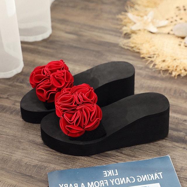 Platform sandals Stevvex in black with red fabric flower rosettes on Tampa Home & Garden Store