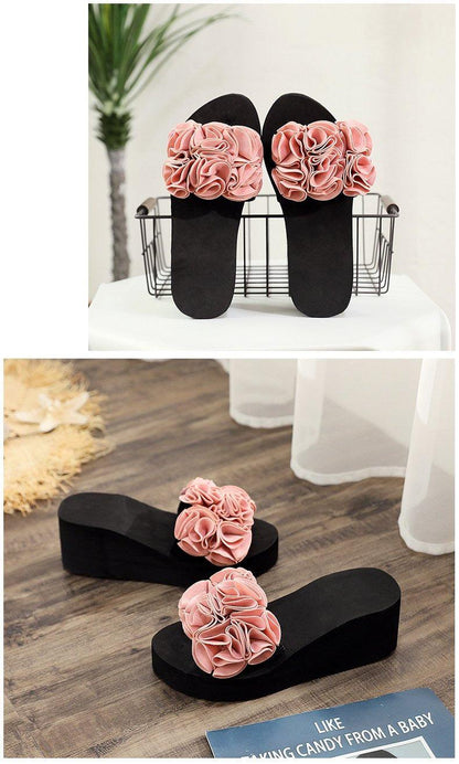 Stevvex women platform sandals with pink fabric flower rosettes bow knot detail on Tampa Home & Garden Store