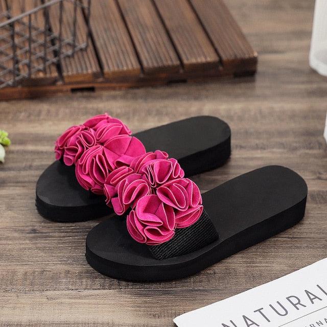Women bow sandals pair pink fabric rosette strap Stevvex black sole on Tampa Home & Garden Store