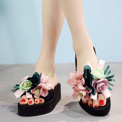 Stevvex women bow flower platform sandals, black base with pastel flower embellishments, pair on Tampa Home & Garden Store
