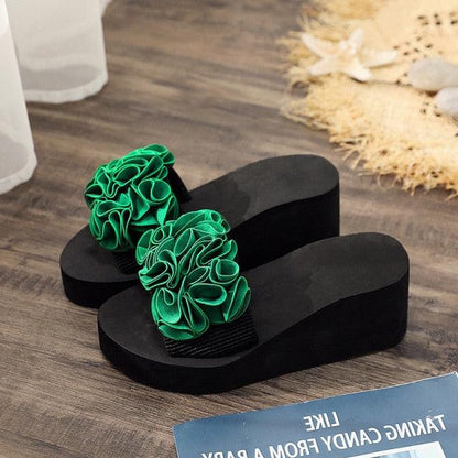 Stevvex women's bow platform sandals with green fabric rosette, black wedge slide on Tampa Home & Garden Store