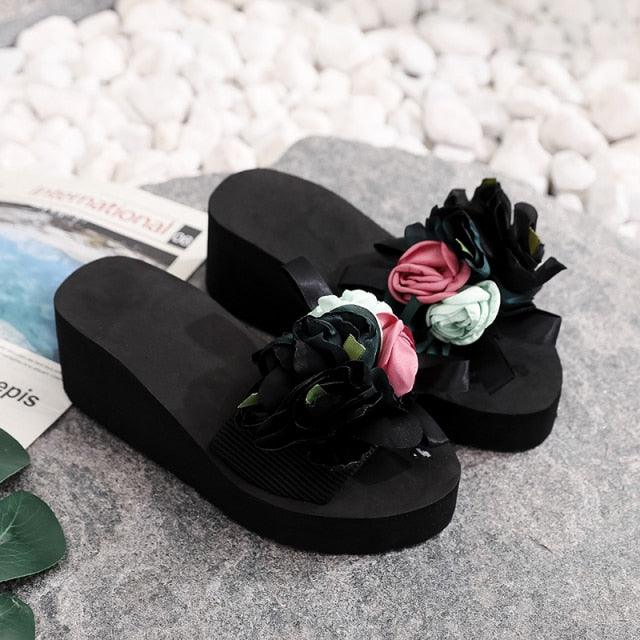Stevvex Women Bow Summer Sandals with platform wedge, black straps and colorful flower bows on Tampa Home & Garden Store