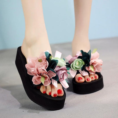 Women bow flower platform sandals black with large pastel fabric flowers on Tampa Home & Garden Store