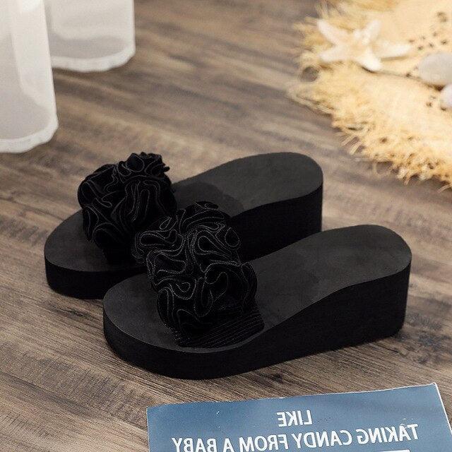 Stevvex women's platform sandals pair with black ruffled bow straps and wedge sole on Tampa Home & Garden Store