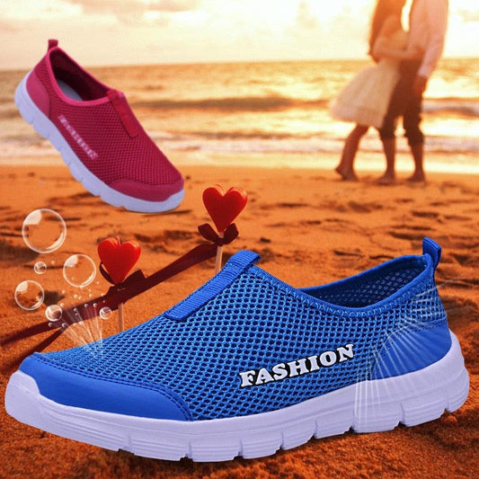 Stevvex blue breathable mesh slip-on sneakers with white sole on beach; two pairs visible on Tampa Home & Garden Store