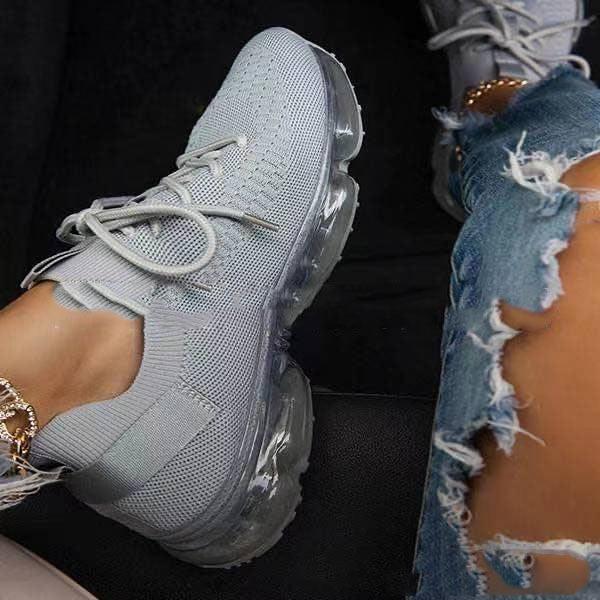 Breathable knit sneakers Stevvex, light gray lace-up athletic shoes with air cushion sole on Tampa Home & Garden Store