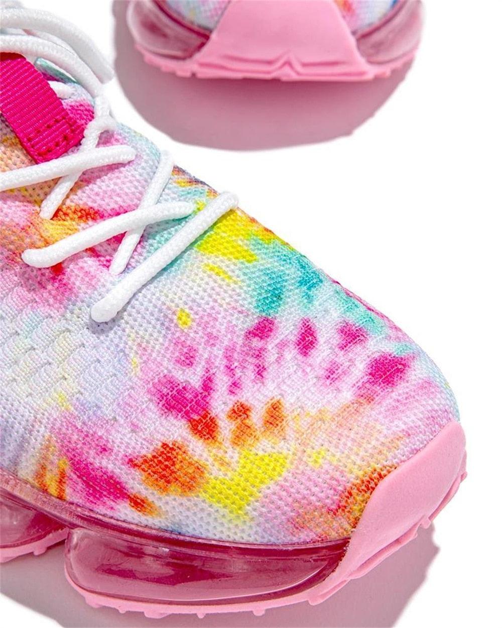 Women breathable lace-up sneakers with multicolor knit upper and pink sole on Tampa Home & Garden Store