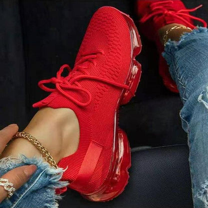 Stevvex Women Breathable Sneakers red knit upper lace-up with air cushion sole lightweight on Tampa Home & Garden Store