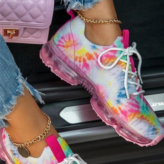 Women tie-dye lace-up sneakers with pink chunky outsole and air cushion sole on Tampa Home & Garden Store