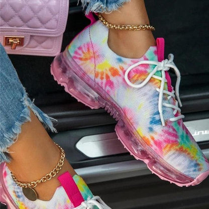 Women tie-dye lace-up sneakers with pink chunky outsole and air cushion sole on Tampa Home & Garden Store