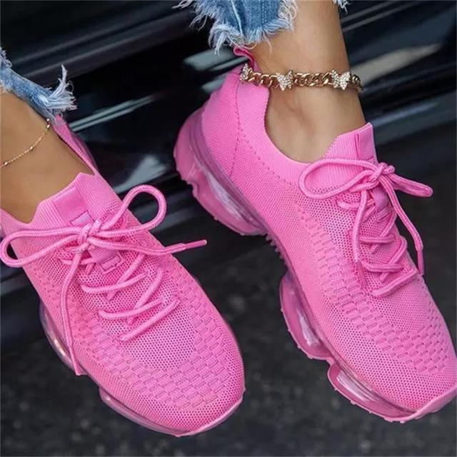 Women pink breathable knit sneakers pair with lace-up closure and air sole Stevvex ST85SH5354WSA on Tampa Home & Garden Store