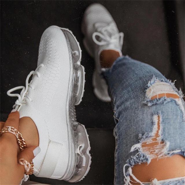 Women breathable sneakers white knit upper with air-cushion sole lace-up casual athletic shoes on Tampa Home & Garden Store