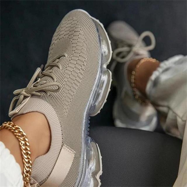 Women Stevvex beige knit lace-up sneakers with air cushion outsole for casual walking on Tampa Home & Garden Store