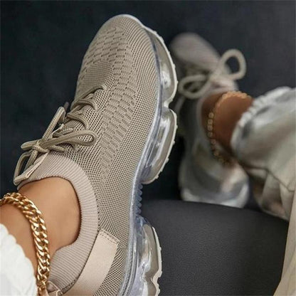 Women Stevvex beige knit lace-up sneakers with air cushion outsole for casual walking on Tampa Home & Garden Store
