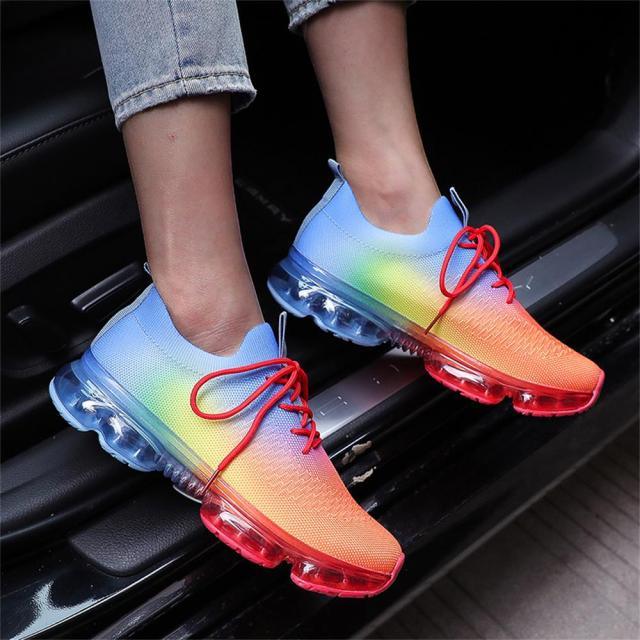 Women breathable rainbow gradient lace-up sneakers with clear air-cushion sole and red laces on Tampa Home & Garden Store