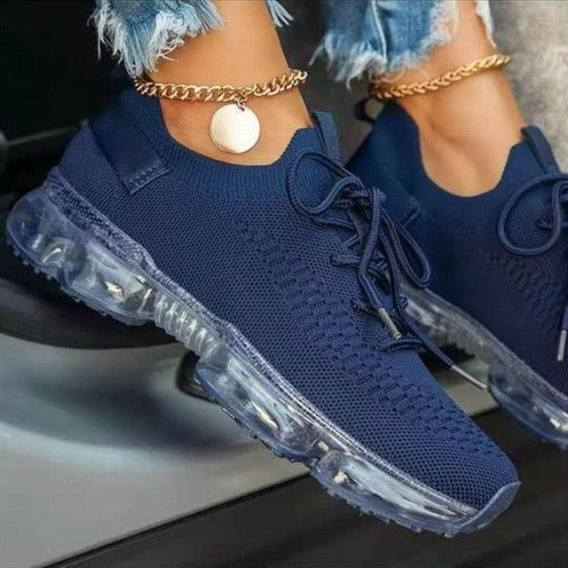 Women Stevvex breathable knit sneakers navy blue lace-up with clear air-cushion sole on Tampa Home & Garden Store