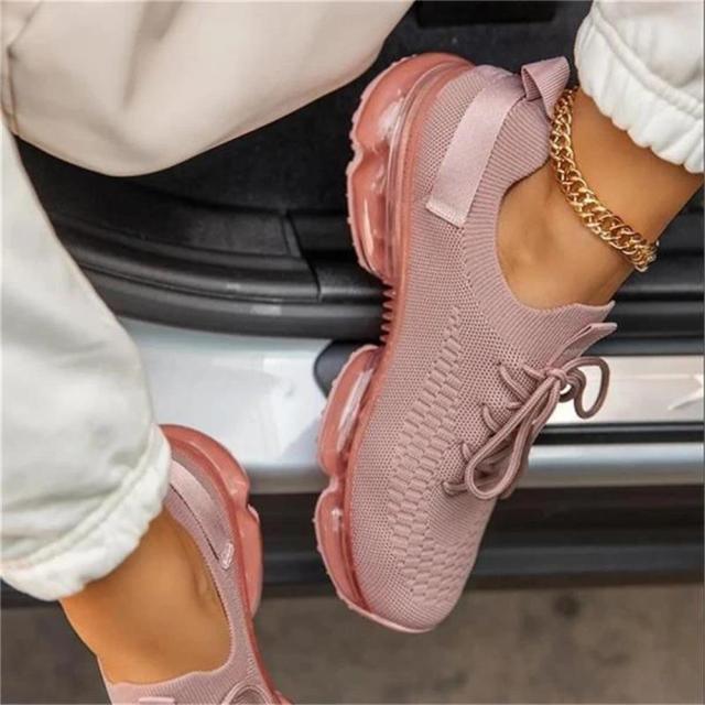 Stevvex women's breathable pink knit sneakers with lace-up, air-cushion sole on Tampa Home & Garden Store