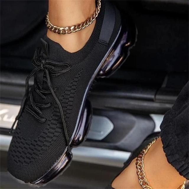 Women's black knitted mesh sneakers with lace-up front and air-cushion sole for walking on Tampa Home & Garden Store