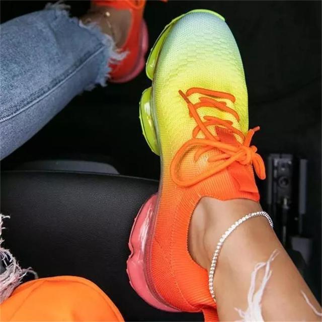Stevvex women breathable sneakers neon orange-yellow gradient, lace-up, air cushion sole on Tampa Home & Garden Store