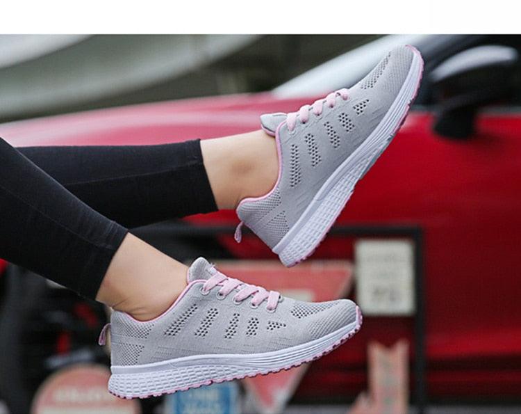 Stevvex gray mesh sneakers with pink laces, breathable walking shoes, white sole pair on Tampa Home & Garden Store