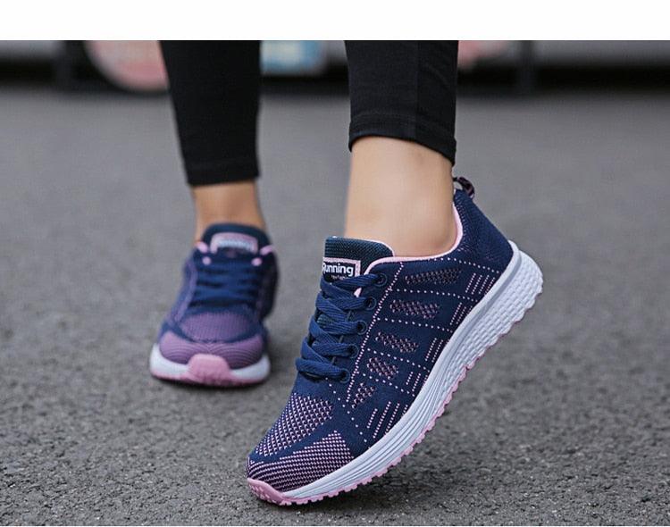 Stevvex women's navy mesh sneakers with pink accents, white sole, breathable walking shoes pair on Tampa Home & Garden Store