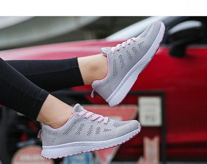Women casual breathable mesh sneakers by Stevvex ST85SH0222REE, white with pink laces on Tampa Home & Garden Store
