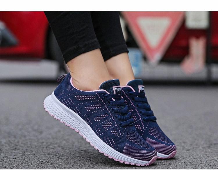 Stevvex women's navy mesh sneakers with pink trim, breathable walking shoes, white sole on Tampa Home & Garden Store