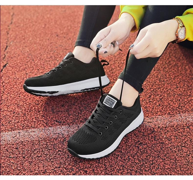 Women Stevvex black breathable mesh lace-up sneakers with white sole on track on Tampa Home & Garden Store