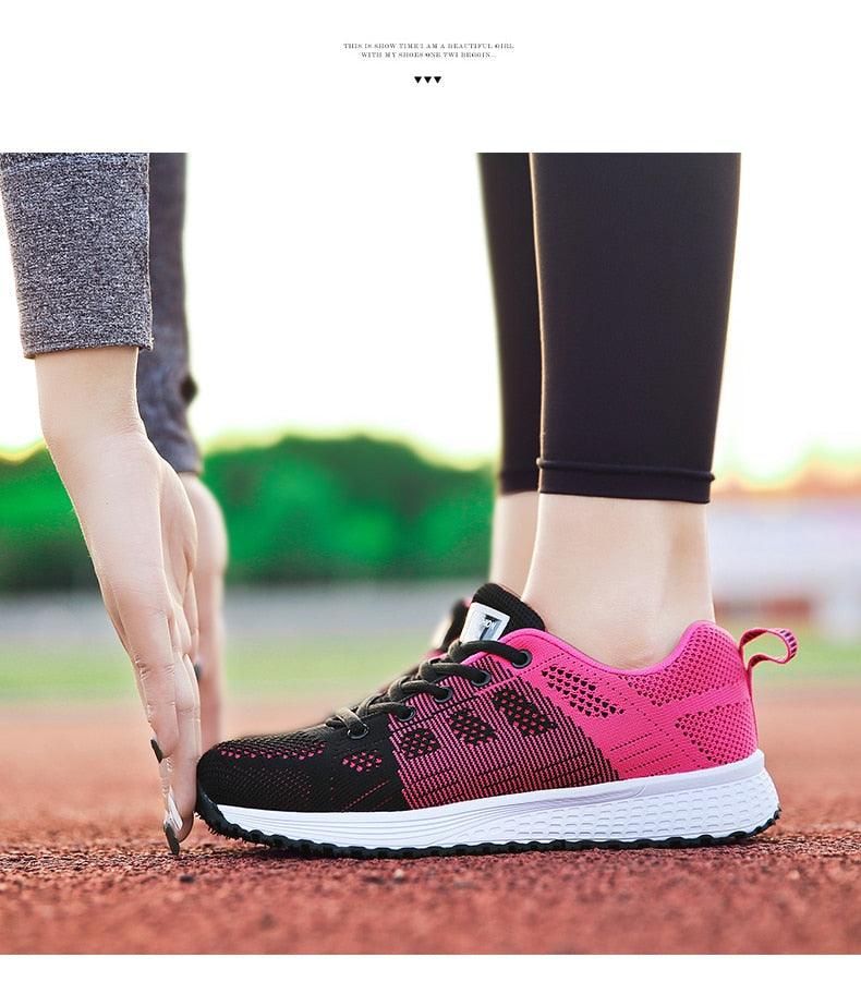 Stevvex Women breathable mesh lace-up flat sneakers pink-black gradient for walking on Tampa Home & Garden Store