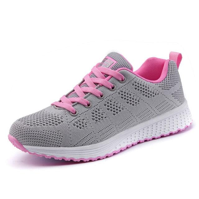 Stevvex women's gray breathable mesh sneakers with pink laces and lining, white sole on Tampa Home & Garden Store