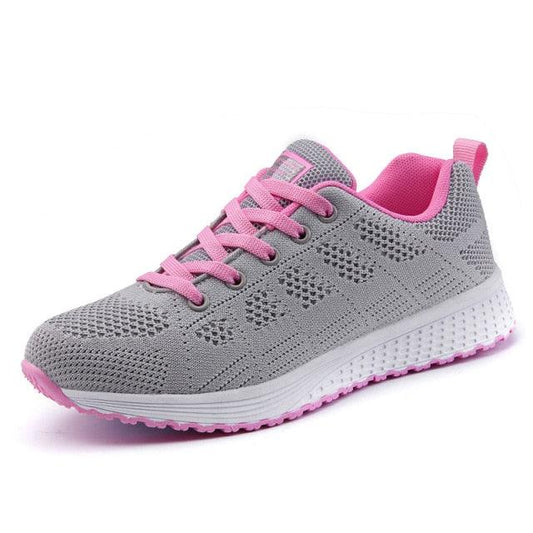 Stevvex women's gray breathable mesh sneakers with pink laces and lining, white sole on Tampa Home & Garden Store