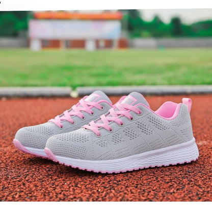 Women casual breathable mesh lace-up sneakers Stevvex grey with pink laces and white sole on Tampa Home & Garden Store