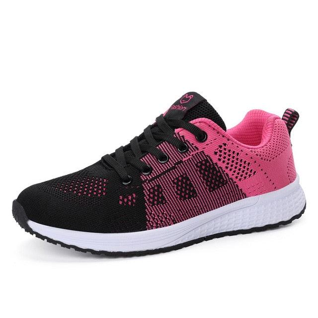 Stevvex women sneakers black pink breathable mesh lace-up flat running shoe with white sole on Tampa Home & Garden Store