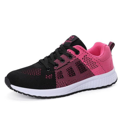 Stevvex women sneakers black pink breathable mesh lace-up flat running shoe with white sole on Tampa Home & Garden Store