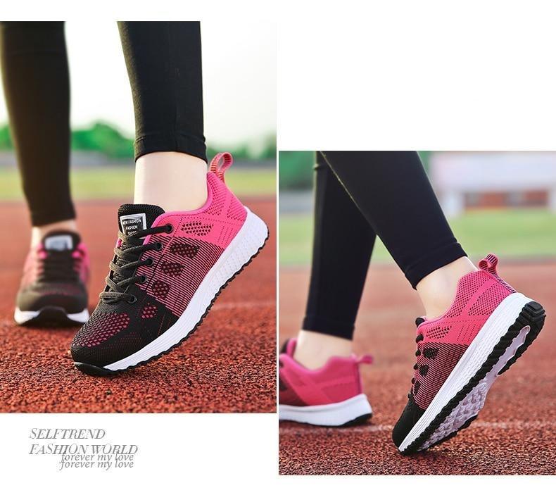 Women Stevvex breathable mesh lace-up sneakers pink black with white sole on Tampa Home & Garden Store