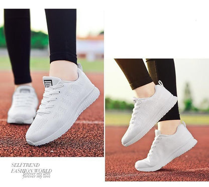 Women's sneakers Stevvex white breathable mesh lace-up flat running shoes on Tampa Home & Garden Store