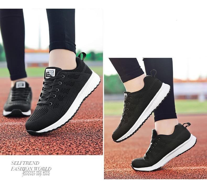 Women Stevvex casual breathable mesh lace-up sneakers, black upper with white sole on Tampa Home & Garden Store