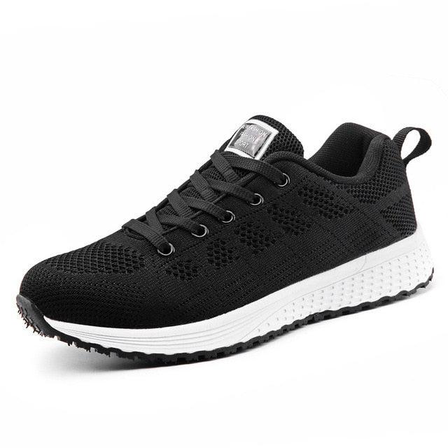 Sneakers Stevvex women's casual breathable mesh lace-up, black knit upper, white sole on Tampa Home & Garden Store