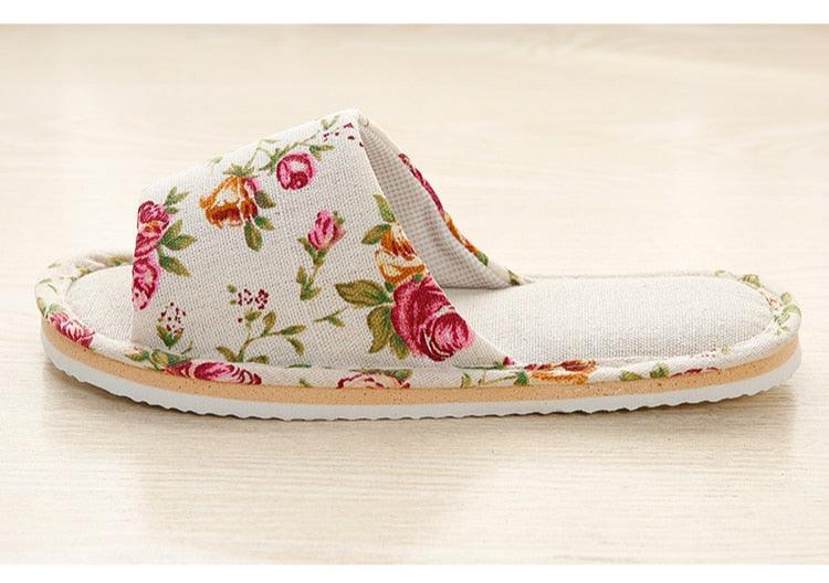 Women floral fabric indoor slippers, open-toe slide with cushioned sole on Tampa Home & Garden Store