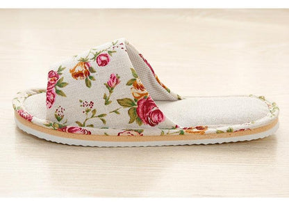 Women floral fabric indoor slippers, open-toe slide with cushioned sole on Tampa Home & Garden Store