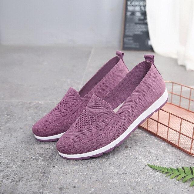 Women casual mesh espadrilles Stevvex, purple knit upper, white sole pair on Tampa Home & Garden Store