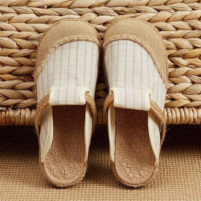 Women linen handmade mules with striped canvas uppers and jute espadrille sole by Stevvex pair on Tampa Home & Garden Store
