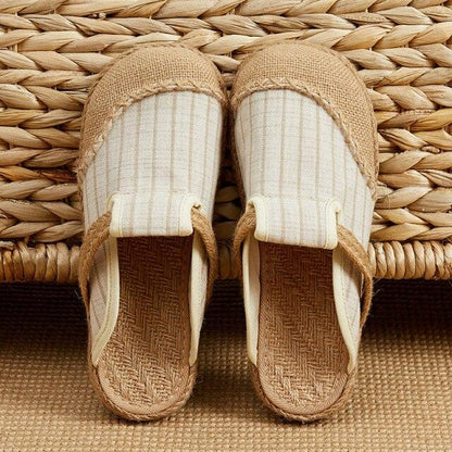 Women linen handmade mules with striped canvas uppers and jute espadrille sole by Stevvex pair on Tampa Home & Garden Store