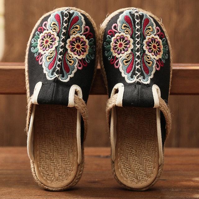 Stevvex women's embroidered black linen espadrille slippers with colorful floral motif pair on Tampa Home & Garden Store