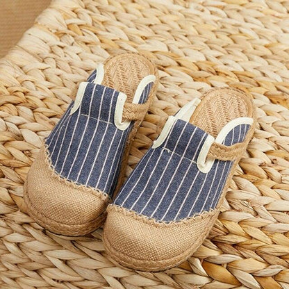 Stevvex women linen espadrille mules blue striped casual slippers natural jute sole on Tampa Home & Garden Store