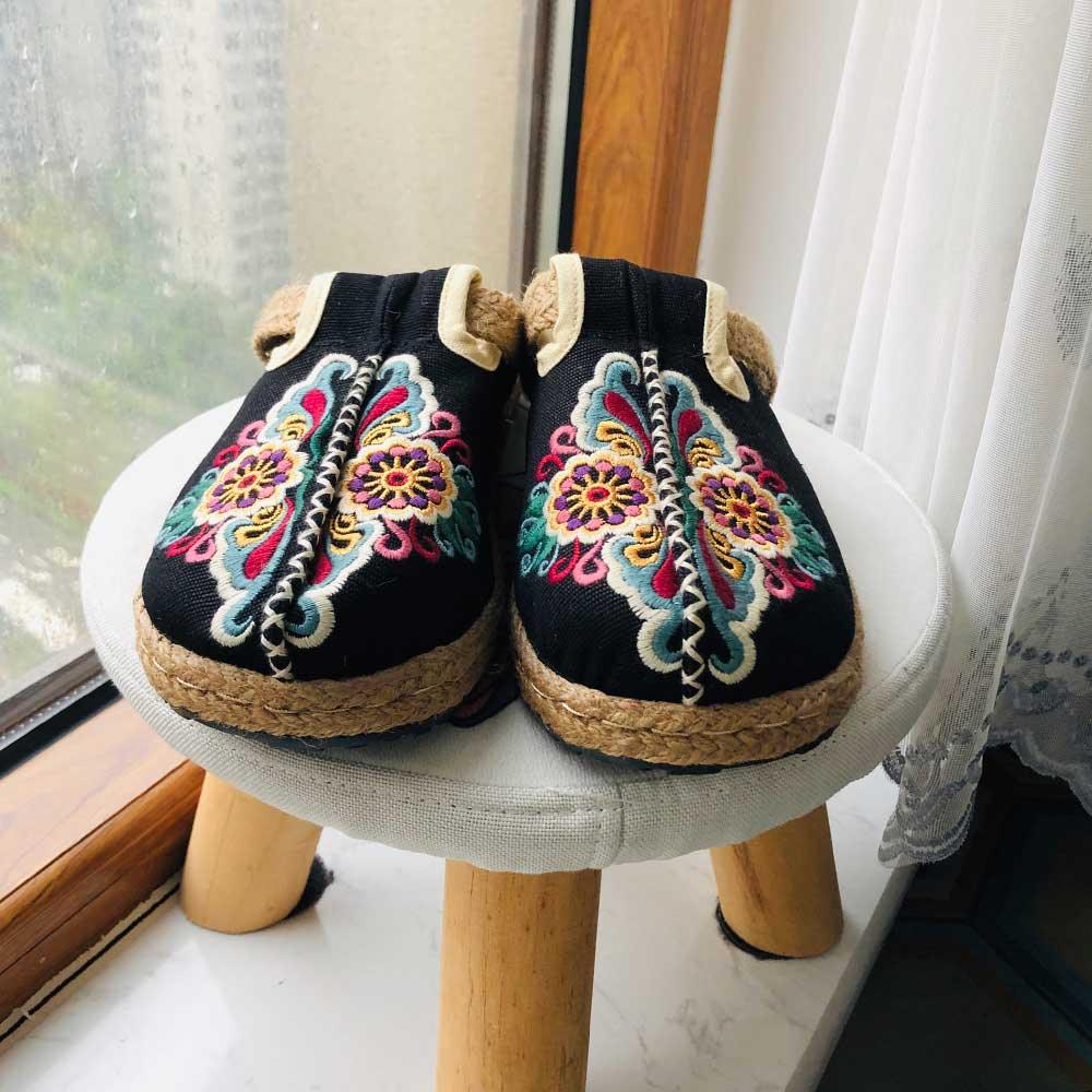 Women linen handmade mules with black fabric and floral embroidery espadrille rope sole on Tampa Home & Garden Store