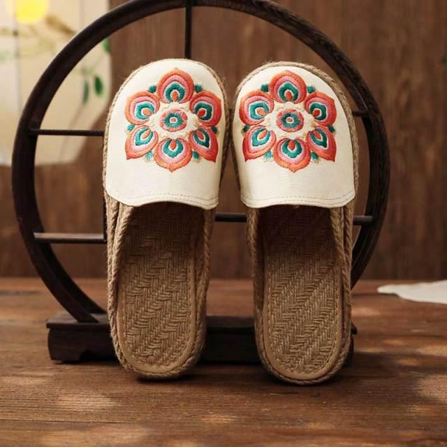 Stevvex women's linen handmade mules with embroidered floral uppers and beige espadrille soles on Tampa Home & Garden Store