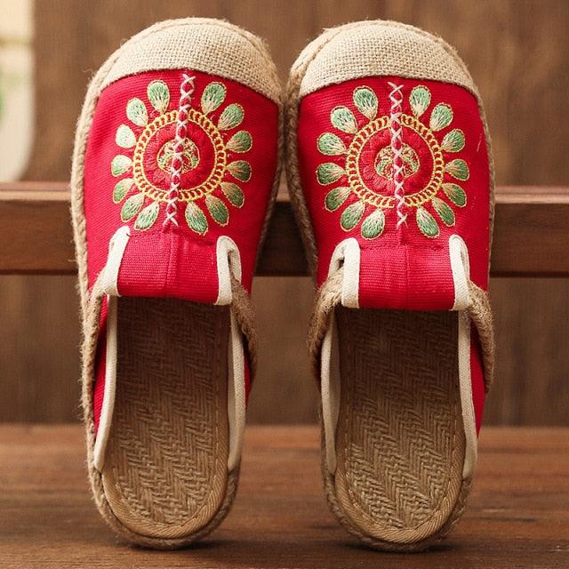 Women red embroidered linen mules with jute espadrille sole, handmade slippers pair on Tampa Home & Garden Store