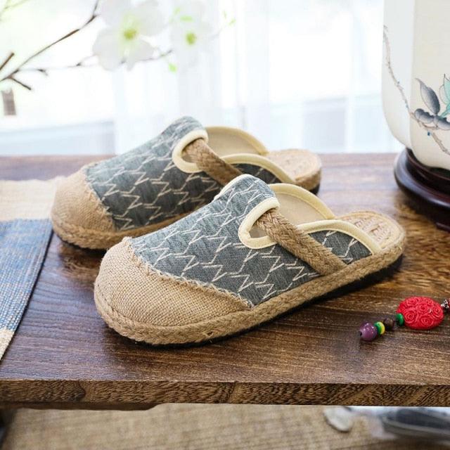 Stevvex women casual linen mules blue denim canvas upper with jute espadrille sole pair on Tampa Home & Garden Store